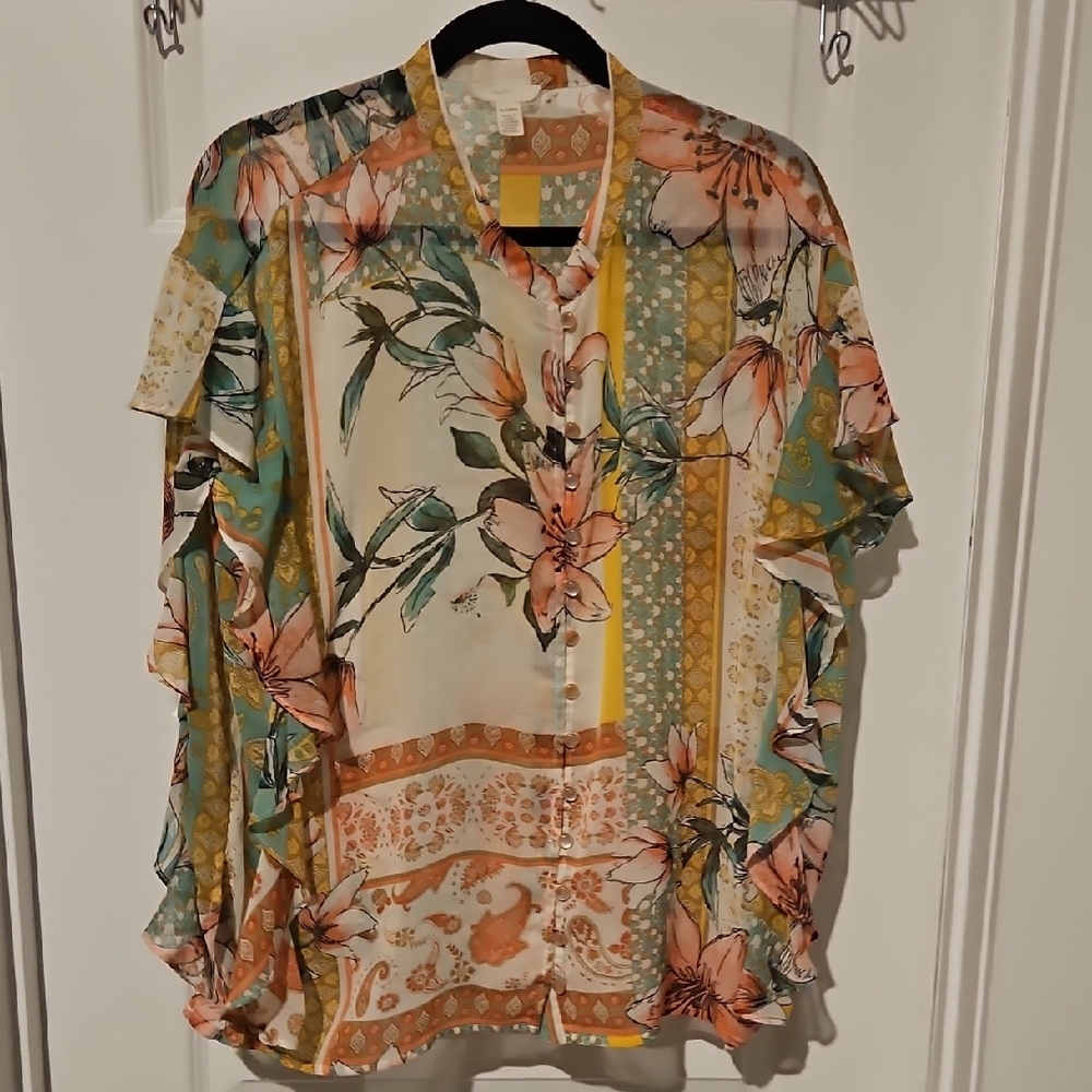 Cupio Floral Multicolor Blouse FLOWY, Could Be MATERNITY.  SO CUTE. 100% POLY